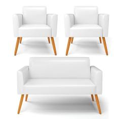 Sofá Namoradeira Com 2 Poltronas Pés Palito Castanho Marisa Corano Branco D03 - D'rossi