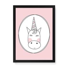 Arte Maníacos Quadro Decorativo Unicórnio Linhas Fundo Rosa - 23x16,25cm (Moldura caixa em laca preta)