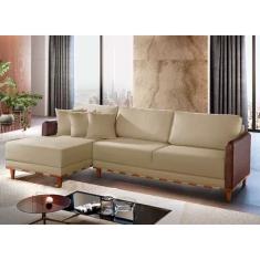 Sofá Fixo Com Chaise Vegas Detalhe Em Couro Luxo Bege