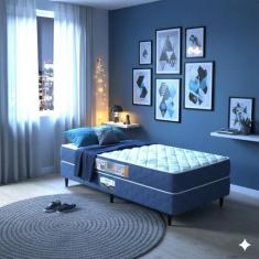 Cama Box Solteiro Castor Sleep Max D45 88x188x52 + Box Castor, Azul, S