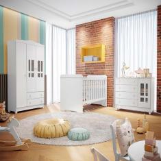 Quarto de Bebê Gabrielle Guarda Roupa 3 Portas Cômoda com Fraldário Berço 3 em 1 Branco Carolina Baby