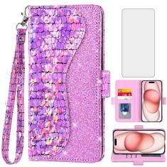 Asuwish Capa de celular para iPhone 15 Plus de 6,7 polegadas com protetor de tela e porta-cartão flip com glitter com suporte para celular i-Phone 15+ iPhone15Plus 5G i i15 + iPhone15 15Plus mulheres