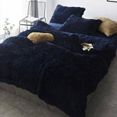 Jogo De Cama Casal Super King 6Peças Edredom Pelúcia Marinho