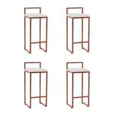 Kit 4 Banquetas Industrial Alta Bar Cozinha Bistrô em Aço Dori Cobre Assento Suede Branco