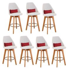 Kit 07 Banquetas Alta Maya Giratória Com Encosto Linho Bege Claro e Almofada Sintético Vermelho - Aurora Line