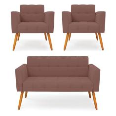 Kit 1 Sofá Namoradeira E 2 Poltronas Elisa Veludo Pés Palito Castanho - D`rossi Cor Rose