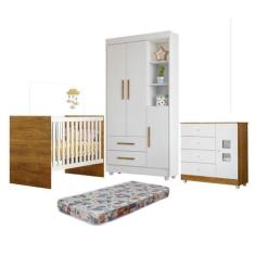 Quarto de Bebê com Berço com Colchão, Cômoda 1 Porta 4 Gavetas e Roupe