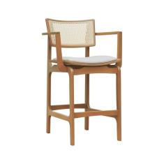 Banqueta Alta Bistrô Apollo Com Braços Encosto Telinha Natural E Assento Anatômico - Natural Estofado Corano Bege