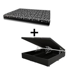 Cama Box Baú Casal 138 Bipartido - Tecido Sintético Preto Com Colchão Belize Bello Box - D33 Preto 58x138x188