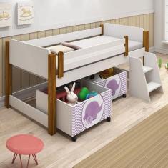 Cama Naty Branco/Mel com 2 nichos adesivadas filhote rosa  e escadinha