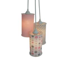 Lustre Pendente Luminária Tripla Tecidos Chevron e Poás Cinza e Rosa -