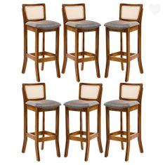Kit 6 Banquetas Alta com Encosto Rattan Portugal Estofada Linho Cinza 