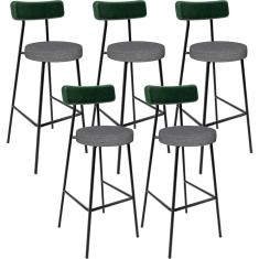 Kit 05 Banquetas Alta Bar Cozinha Sala Jantar Milão L02 Facto Verde Linho Cinza Escuro - Lyam Decor