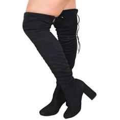 Bota Feminina Over The Knee Bico Fino Salto Grosso Cano Longo Camurça Strech Preto (Preto, BR, Adulto, Numérico, 36)