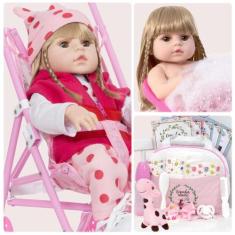 Boneca Reborn Realista Girafa Loira Com Carrinho Enxoval - Cegonha Reb