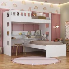 Beliche Infantil/juvenil com Escrivaninha e Nichos Casatema Branco