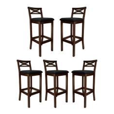 Kit 5 Banquetas Alta Estofada para Bancada Madri Madeira Capuccino Suede Preto CCS