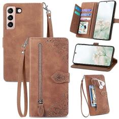 KRHGEIK Capa carteira para celular Galaxy S21 5G, capa carteira S21 5G para mulheres, capa protetora de couro PU em relevo alça de pulso com zíper porta-cartões flip capa de telefone para Samsung