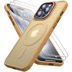 Capa magnética à prova de choque para iPhone 15 Pro, com suporte para adicionar 2 protetores de tela [teste de queda de grau militar] [compatível com MagSafe] translúcido fino, antiarranhões,