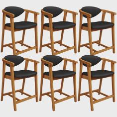 Kit 06 Banquetas Baixa Para Cozinha Sala Jantar Bancada Cecília L02 Couríssimo Preto - Lyam Decor