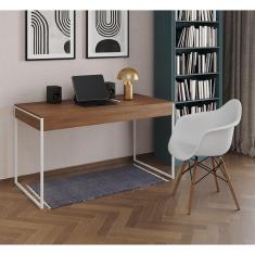 Escrivaninha Home Office Estilo Industrial Amêndoa 137X53Cm Ferro Branco Com 1 Poltrona Branca
