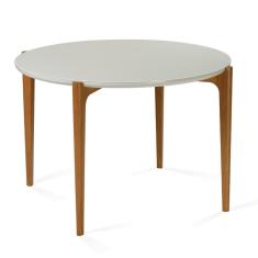Mesa De Jantar Madrid Univ Redonda 110 Cm Tampo Madeira Com Vidro Colado Branco Base Madeira Amêndoa