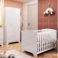 Quarto de Bebê com Guarda Roupa e Berço Americano 100% MDF Ayla Branco Brilho