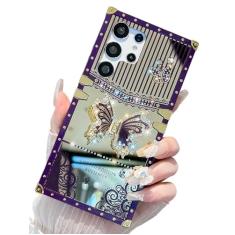 HALATUA Linda capa compatível com Samsung Galaxy S24 Ultra, luxuosa borboleta brilhante com suporte dobrável para mulheres e meninas, capa protetora à prova de choque flexível de renda espelhada