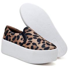 Slip On Tênis Feminino Sem Cadarço Oncinha Animal Print Plataforma Solado Grosso-Feminino