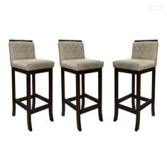 Kit 3 Banquetas Alta com Encosto Matelassê Nice Madeira Maciça Suede Bege CCS