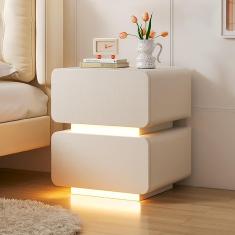 Mesa de cabeceira moderna com luz LED Mesa de cabeceira pequena Mesa lateral com 2 gavetas Mesa lateral para quarto Escritório Dormitório Mesa final rústica Fácil de montar Sólido e estável.