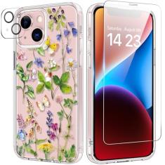 bicol Capa para iPhone 13 Mini com protetor de tela e lente de câmera - Designs florais de flores elegantes para mulheres e meninas - Capa de telefone transparente de acrílico à prova de choque de 5,4