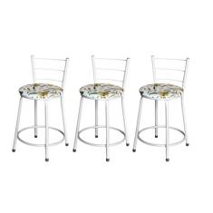 Jogo 3 Banqueta Baixa Para Cozinha Epoxi Branca Estofado Floral - Lama