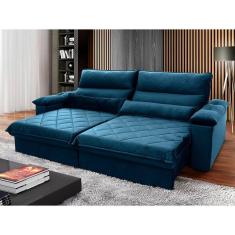 Sofá Retrátil Reclinável Grécia 2,70m Suede Velut Azul Marinho c/ Molas no Assento - King House