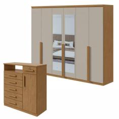 Conjunto de Guarda-Roupa Alonzo com espelho e Cômoda Da Vinci com Nicho Amêndoa Clean/Off White