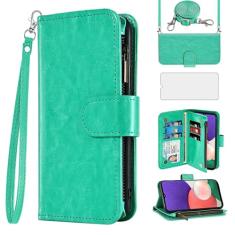 Asuwish Capa de celular para Samsung Galaxy A22 5G carteira celular com protetor de tela de vidro temperado alça transversal flip zíper suporte para cartão de crédito TPU slot suporte A 22 22A A22s G5