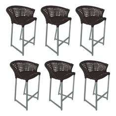 Kit 6 Banquetas Reis em Corda Náutica e Base em Alumínio Cinza para Área Gourmet - Externa Marrom 