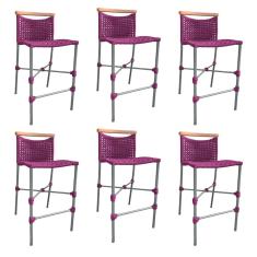 Kit 6 Banquetas Anne em Corda Náutica Base em Alumínio Cinza com Detalhe em Madeira Rosa