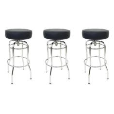 Banqueta Bar Média Altura 65cm Cromada assento preto Giratória Kit 3 U
