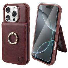 VANAVAGY Capa carteira para iPhone 16 Pro Max com suporte para cartão de crédito e bolso para moedas [suporte de anel de rotação de 360°], capa de telefone flip com fecho magnético de couro para