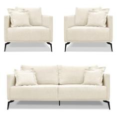 Kit 2 Poltronas e Sofá Living 2 Lugares 1,60m Sirius Linho Pés Metálic