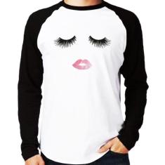 Camiseta Raglan Cílios e Boca Manga Longa - Foca na Moda, Branco, Pret