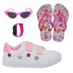 Tênis Infantil Feminino Estrela Detalhe Bordado Estiloso + Chinelo + Ó