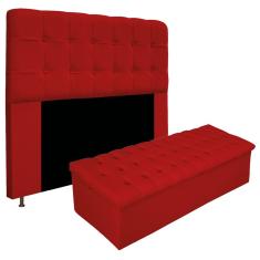 Kit Cabeceira Estofada Mel Cama Box Casal 140 cm mais Calçadeira Baú Mel com Capitonê Suede Vermelho para Quarto - am Decor