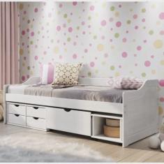 Cama Solteiro 5 Gavetas e Nicho Madeira Maciça Floro Inter Link Branco Lavado