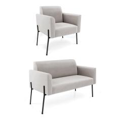 Sofá Namoradeira E Poltrona Pé De Ferro Preto Marisa Veludo D03 - D'rossi Cor Cinza