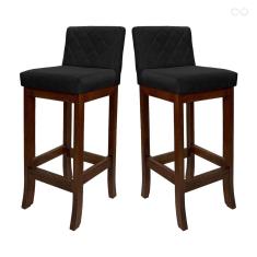 Kit 2 Banquetas Alta de Madeira Maciça Tóquio com Encosto Matelassê Suede Preto CCS