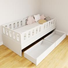 Cama Solteiro Mdf Bp Branco Com 02 Gavetas 04 Grades E Cabeceira Megamobilia