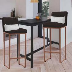 Kit 02 Banqueta Alta com Encosto Lucca Industrial Cozinha Balcão Ferro Bronze Sintético Marrom e Almofada Branco - Ahazzo Móveis