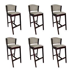 Kit 6 Banquetas Alta De Madeira Maciça Castanho Premium Ana Com Encosto Linho Bege - Cor: Bege